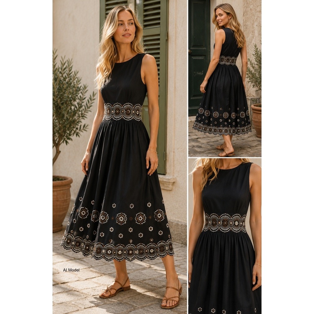 Vanessa Bruno Alais Embroidered Midi Dress size 36 / Small Black Euro Sleeveless